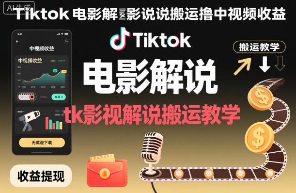 Tiktok电影解说搬运撸中视频收益，tk影视解说搬运教学-资源宝库
