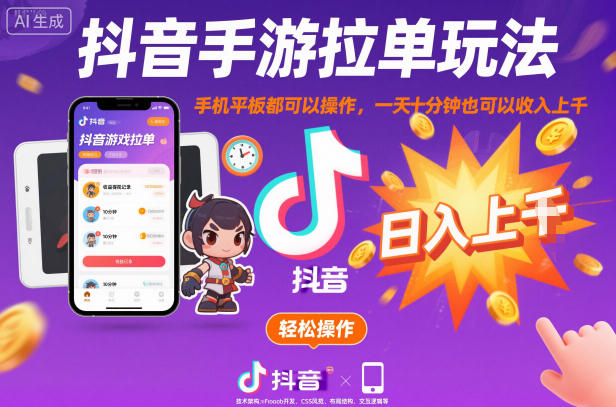 抖音手游拉单玩法，手机平板都可以操作，一天十分钟也可以收入上K【揭秘】-资源宝库