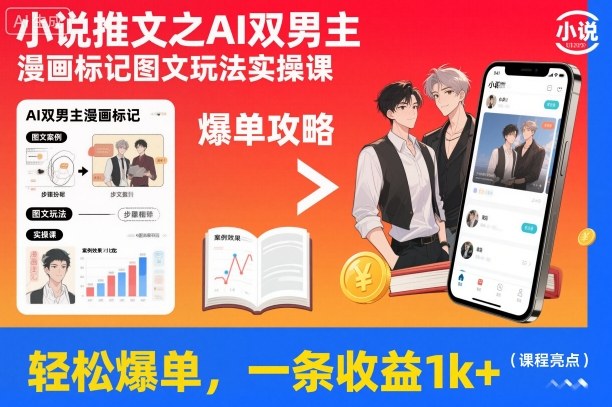 小说推文之AI双男主漫画标记图文玩法实操课,轻松爆单,一条收益1k+-资源宝库