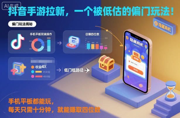 抖音手游拉新，一个被低估的偏门玩法！手机平板都能玩，每天只需十分钟，就能賺取四位数【揭秘】-资源宝库