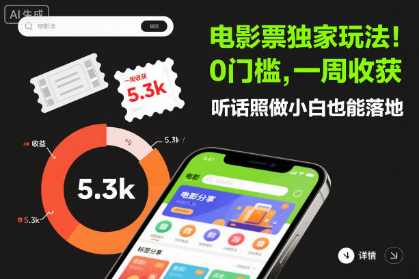 电影票独家玩法!0门槛,一周收获5.3k,听话照做小白也能落地【揭秘】-资源宝库