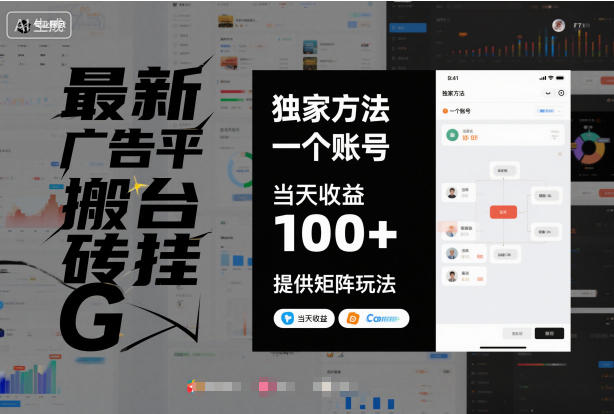 最新广告平台搬砖挂G，独家方法，一个账号，当天收益100+，提供矩阵玩法【揭秘】-资源宝库