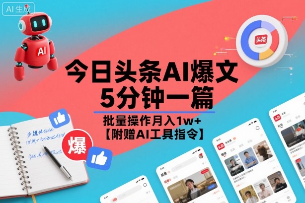 今日头条AI爆文，5分钟一篇，批量操作月入1w+【附赠AI工具指令】-资源宝库