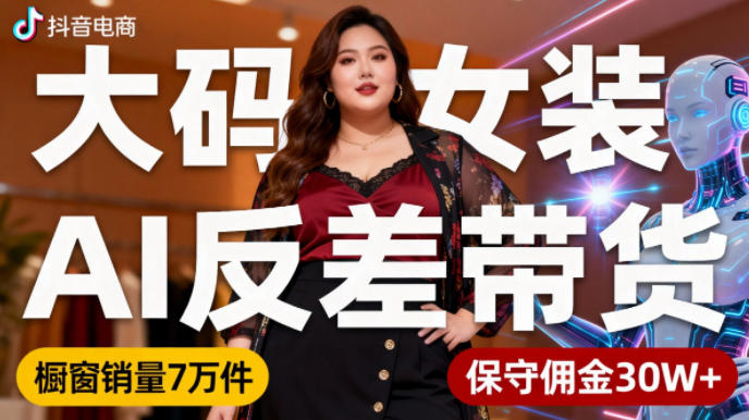 抖音小众赛道,大码女装AI反差带货,不用直播,每天6条作品,橱窗卖7万件,保守佣金30W+-资源宝库
