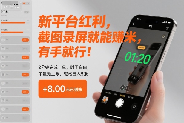 新平台红利，截图录屏就能賺米，有手就行！2分钟完成一单，时间自由，单量无上限，轻松日入5张【揭秘】-资源宝库