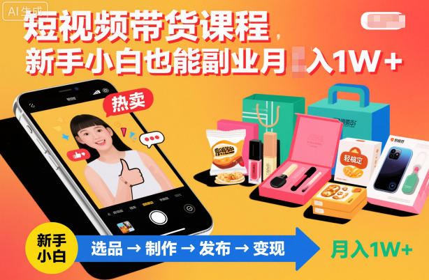 短视频带货课程，新手小白也能副业月入1W＋，轻松搞定-资源宝库
