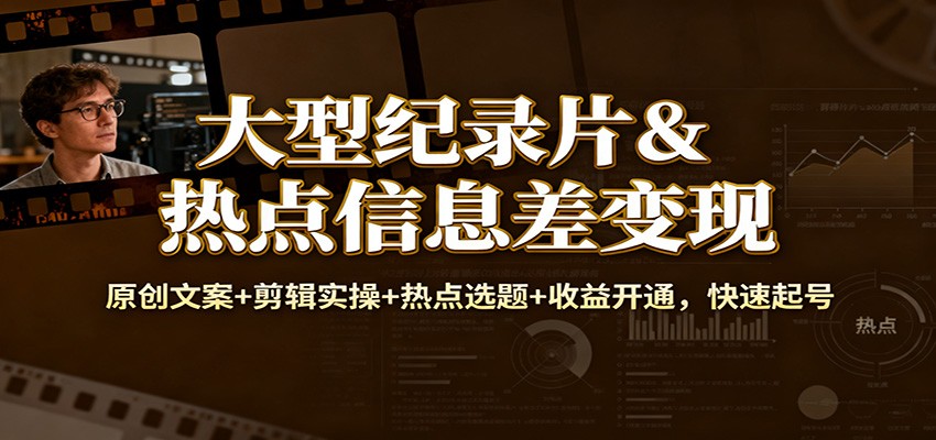 大型纪录片&热点信息差变现：原创文案+剪辑实操+热点选题+收益开通，快速起号-资源宝库