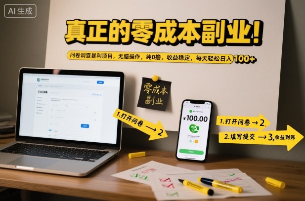 真正的零成本副业！问卷调查暴利项目，无脑操作，纯0撸，收益稳定，每天轻松日入100+【揭秘】-资源宝库