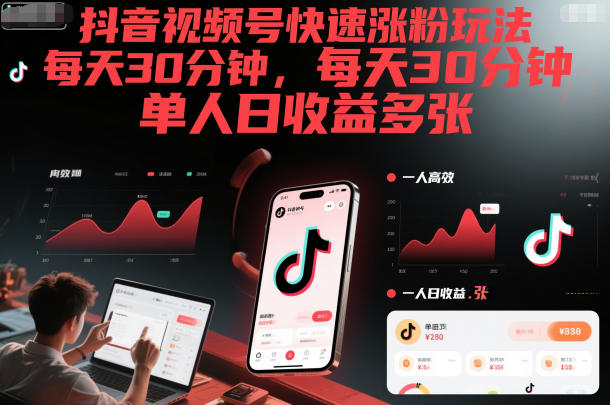 抖音视频号快速涨粉玩法，每天30分钟，单人日收益多张-资源宝库
