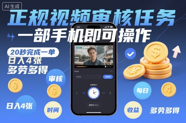 正规视频审核任务,一部手机即可操作,20秒完成一单,日入4张,多劳多得【揭秘】-资源宝库