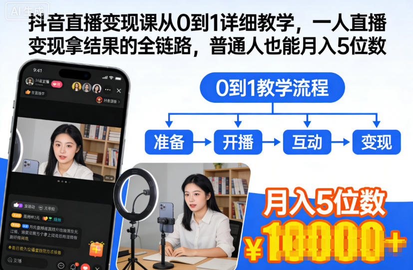 抖音直播变现课从0到1详细教学，一人直播变现拿结果的全链路，普通人也能月入5位数-资源宝库