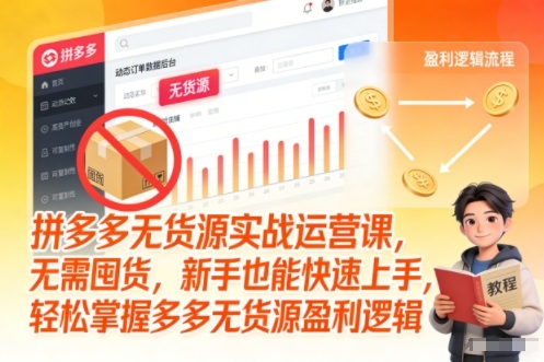 拼多多无货源实战运营课,无需囤货,新手也能快速上手,轻松掌握多多无货源盈利逻辑-资源宝库