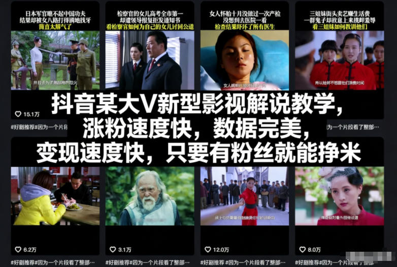 抖音某大V新型影视解说教学,涨粉速度快,数据完美,变现速度快,只要有粉丝就能挣米-资源宝库