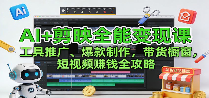 AI+剪映全能变现课:工具推广、爆款制作、带货橱窗,短视频赚钱全攻略-资源宝库