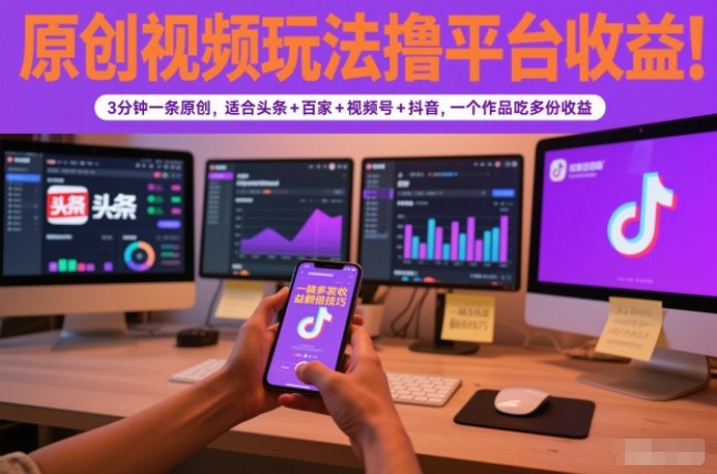 原创视频玩法撸平台收益，3分钟一条原创，适合头条+百家+视频号+抖音，一个作品吃多份收益-资源宝库