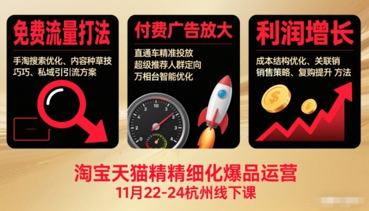 淘宝天猫精细化爆品运营11月22-24杭州线下课，免费流量打法+付费广告放大+利润增长(音频+文档)-资源宝库