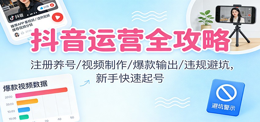 抖音运营全攻略:注册养号/视频制作/爆款输出/违规避坑,新手快速起号-资源宝库
