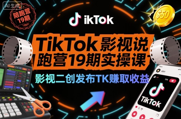 TikTok影视解说陪跑营19期实操课，影视二创发布TK賺取收益，万播收益50美金(更新)-资源宝库