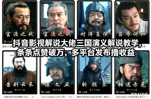 抖音影视解说大佬三国演义解说教学,条条点赞破万,多平台发布撸收益-资源宝库