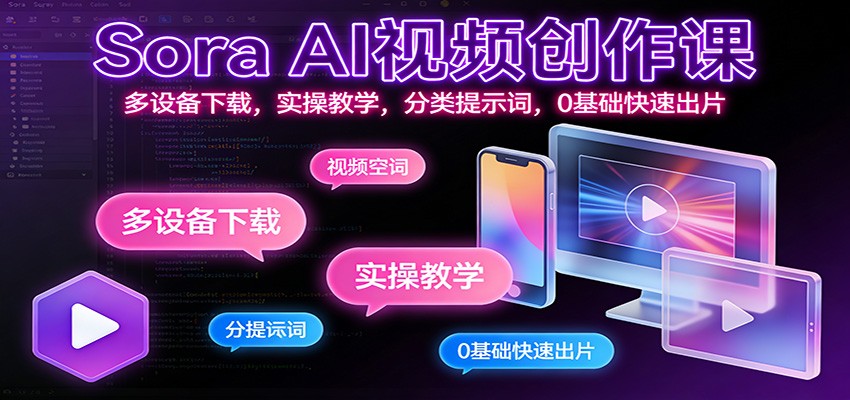 Sora AI视频创作课:多设备下载,实操教学,分类提示词,0基础快速出片-资源宝库