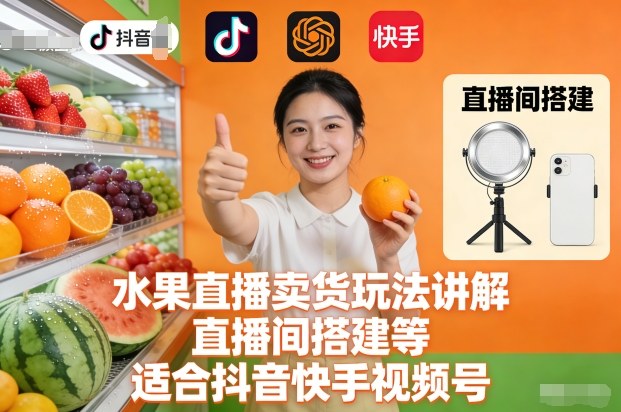 水果直播卖货玩法讲解、直播间搭建等，适合抖音快手视频号-资源宝库