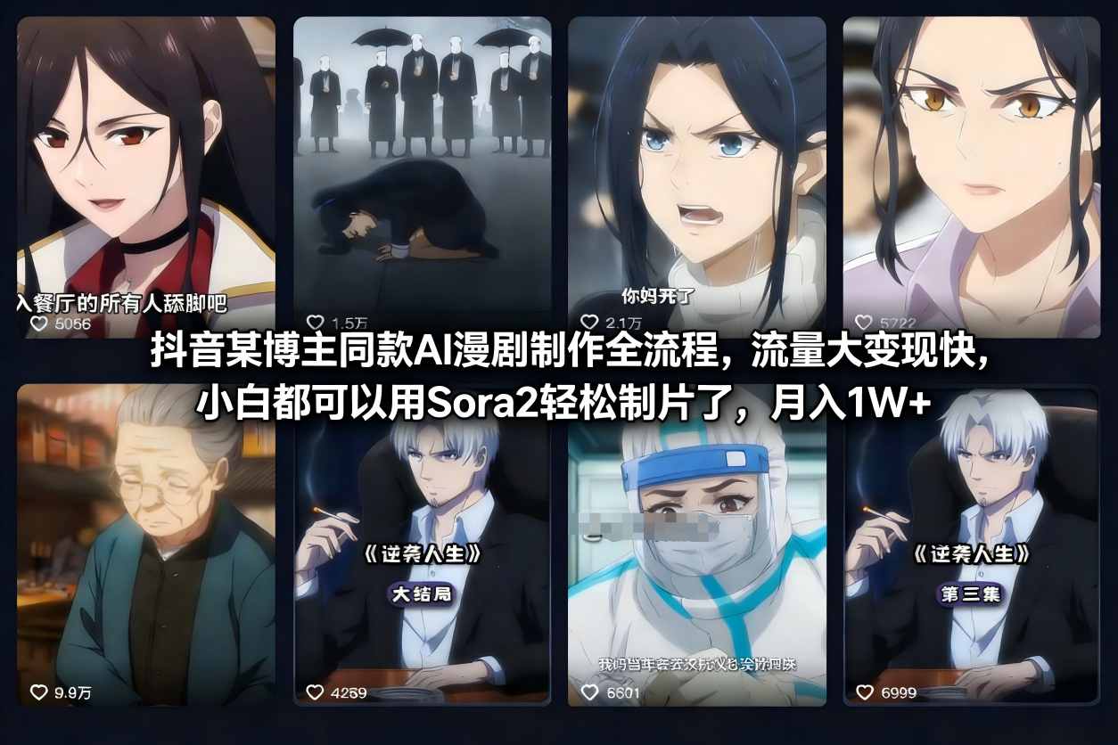 抖音某博主同款AI漫剧制作全流程,流量大变现快,小白都可以用Sora2轻松制片了,月入1W+-资源宝库