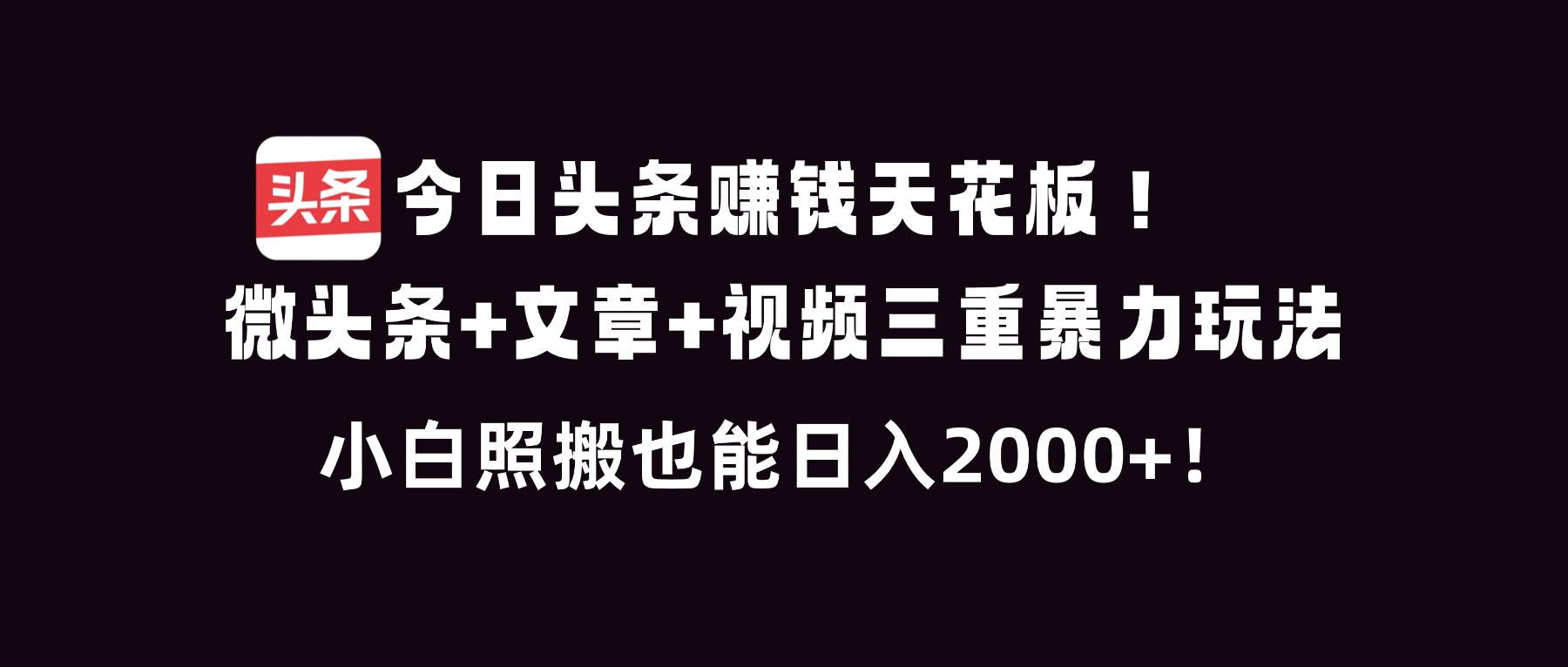 今日头条赚钱天花板！微头条+文章+视频三重暴利玩法，小白照搬也能日人2000+-资源宝库