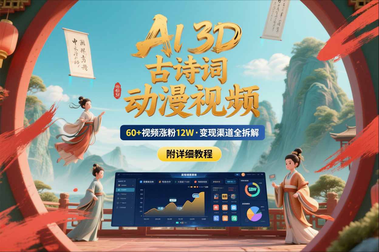 AI制作3D古诗词动漫视频，60多个视频涨粉12W，多个变现渠道拆解【附详细教程】-资源宝库