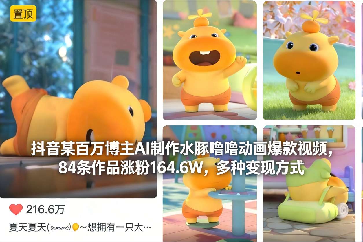 抖音某百万博主AI制作水豚噜噜动画爆款视频,84条作品涨粉164.6W,多种变现方式-资源宝库