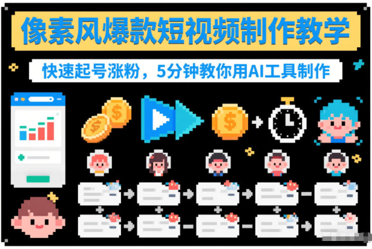 像素风爆款短视频制作教学，快速起号涨粉，5分钟教你用AI工具制作-资源宝库