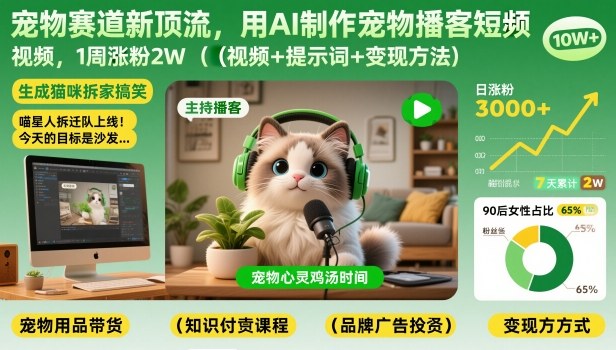宠物赛道新顶流，用AI制作宠物播客短视频，1周涨粉2W(视频+提示词+变现方法)-资源宝库