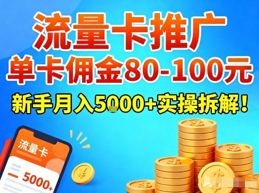 流量卡推广,单卡佣金80-100,新手月入5k+实操拆解!-资源宝库