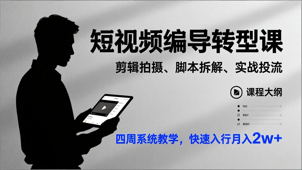 短视频编导转型课,剪辑拍摄、脚本拆解、实战投流,四周系统教学,快速入行月入2w+-资源宝库