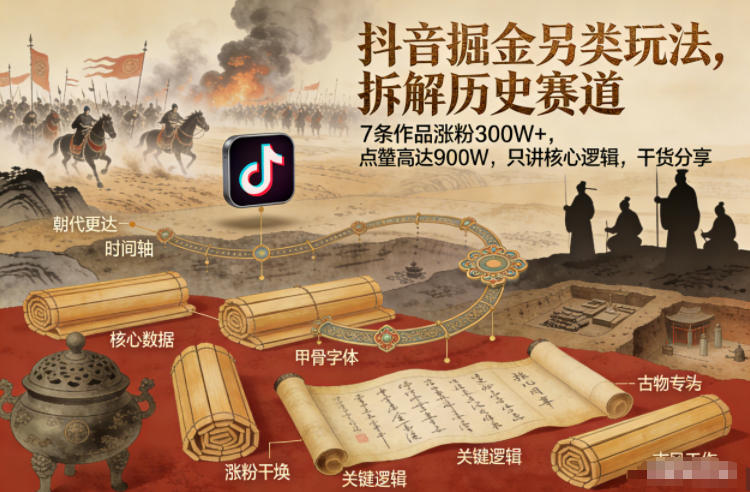 抖音掘金另类玩法，拆解历史赛道，7条作品涨粉300W+，点赞量高达900W，只讲核心逻辑，干货分享-资源宝库