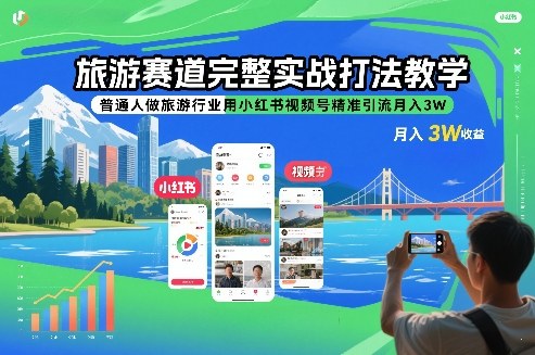 旅游赛道完整实战打法教学,普通人做旅游行业用小红书视频号精准引流月入3W-资源宝库