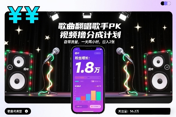 歌曲翻唱歌手PK视频撸分成计划，自带流量，一天两小时，日入2张-资源宝库