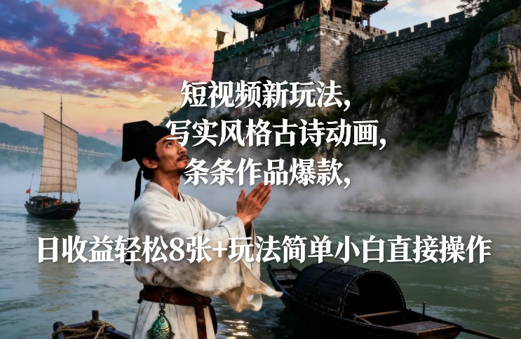 短视频新玩法，写实风格古诗动画，条条作品爆款，日收益轻松8张+玩法简单小白直接操作-资源宝库