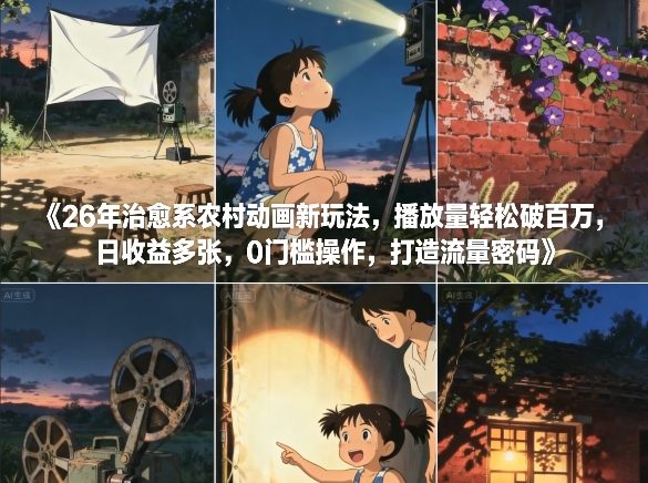 26年治愈系农村动画新玩法，播放量轻松破百万，日收益多张，0门槛操作，打造流量密码-资源宝库