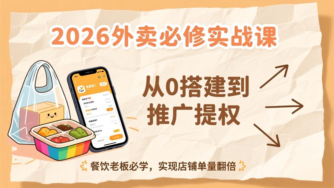 2026外卖必修实战课:从0搭建到推广提权,餐饮老板必学,实现店铺单量翻倍-资源宝库