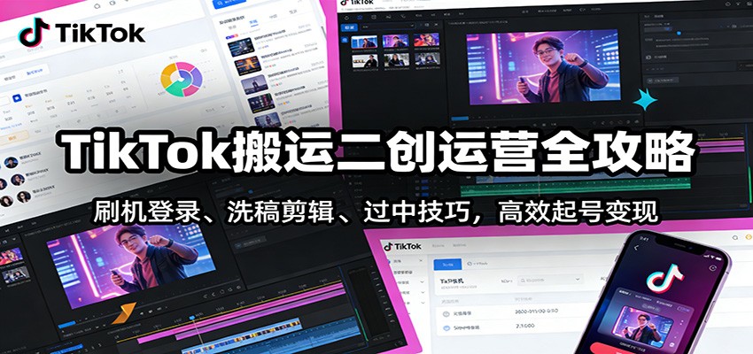 TikTok搬运二创运营全攻略:刷机登录、洗稿剪辑 、过中技巧,高效起号变现-资源宝库