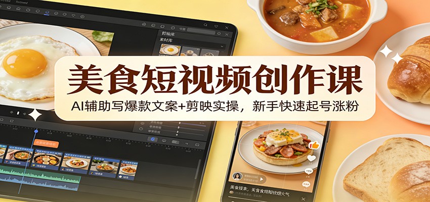 美食短视频创作课:AI辅助写爆款文案+剪映实操,新手快速起号涨粉-资源宝库