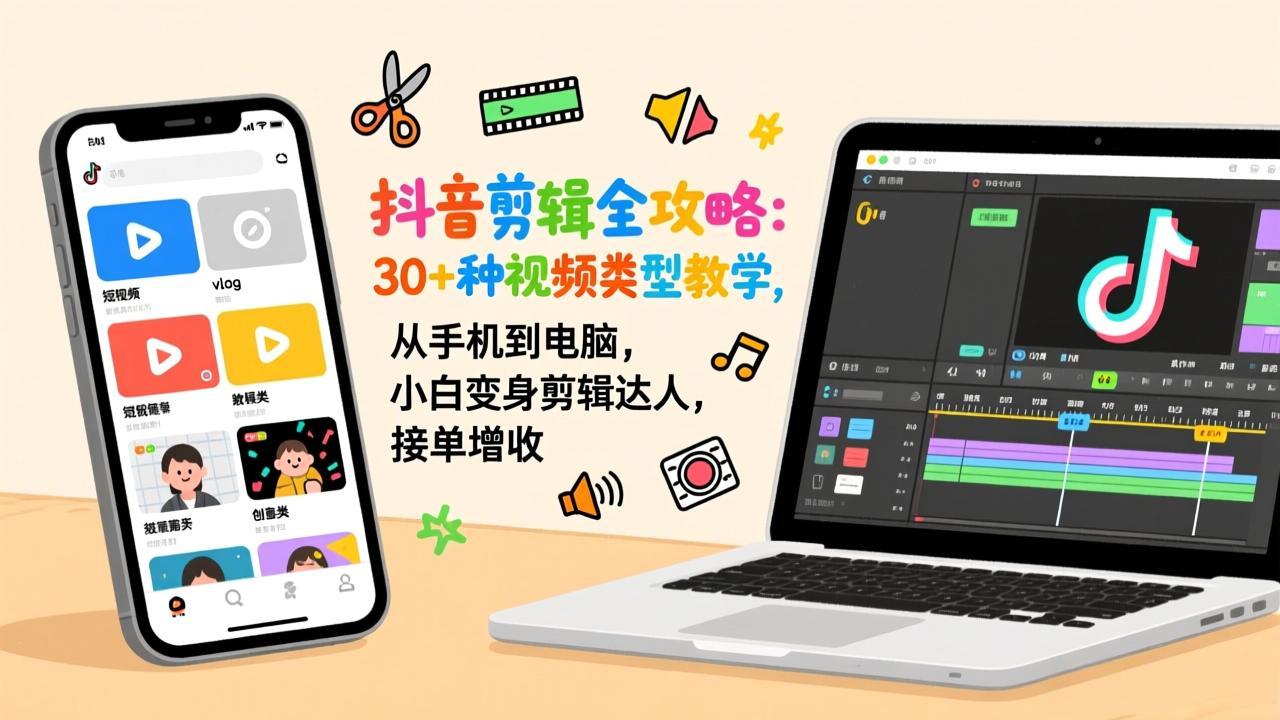 抖音剪辑全攻略：30+种视频类型教学，从手机到电脑，小白变身剪辑达人，接单增收-资源宝库