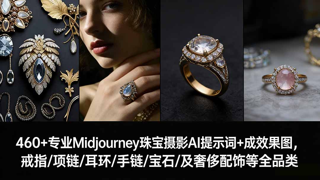 460+专业Midjourney珠宝摄影AI提示词+成效果图,戒指/项链/耳环/手链/宝石/及奢侈配饰等全品类-资源宝库