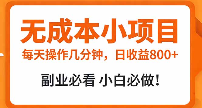 无成本小项目 每天操作几分钟，真实日收益800+ 副业必看 小白必做！-资源宝库