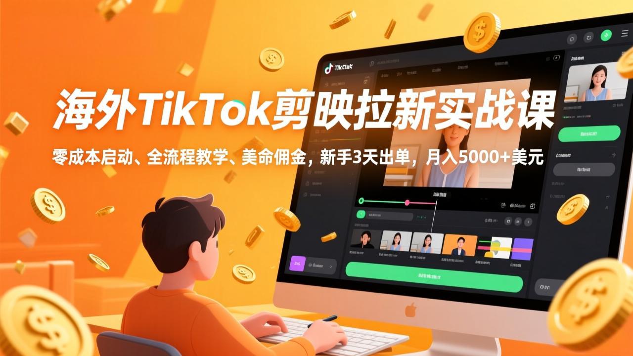 海外TikTok剪映拉新实战课，零成本启动、全流程教学、美金佣金，新手3天出单，月入5000+美元-资源宝库