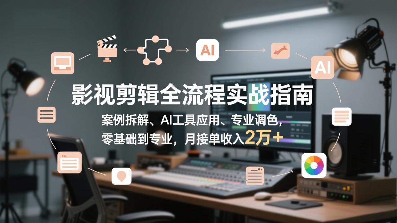 影视剪辑全流程实战指南，案例拆解、AI工具应用、专业调色，零基础到专业，月接单收入2万+-资源宝库