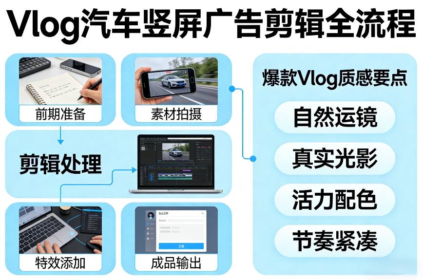 Vlog感觉汽车竖屏广告剪辑脚本全流程,拿捏爆款Vlog质感-资源宝库