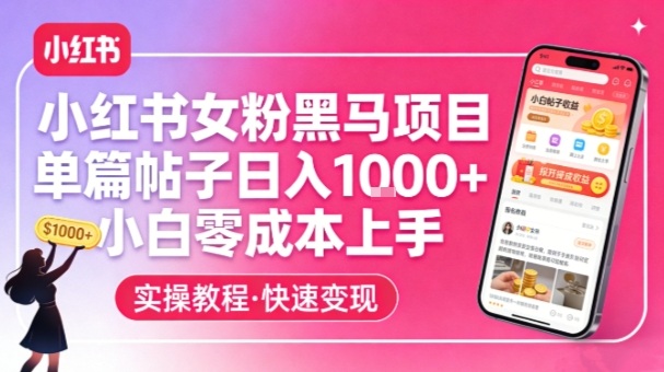 小红书女粉黑马项目，单篇帖子日入1k+，小白零成本上手-资源宝库