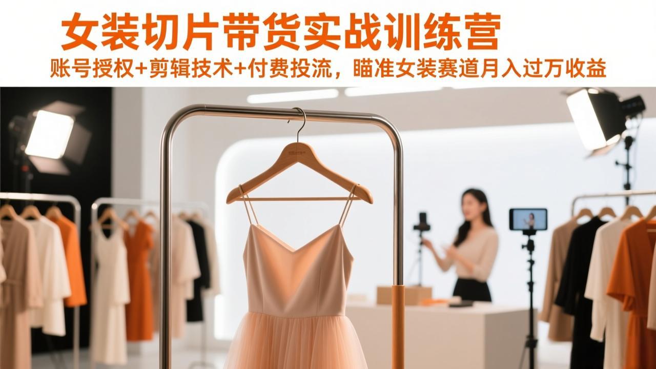 女装切片带货实战训练营，账号授权+剪辑技术+付费投流，瞄准女装赛道月入过万收益-资源宝库