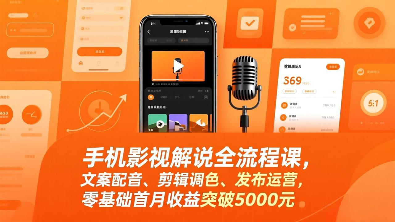 手机影视解说全流程课，文案配音、剪辑调色、发布运营，零基础首月收益突破5000元-资源宝库